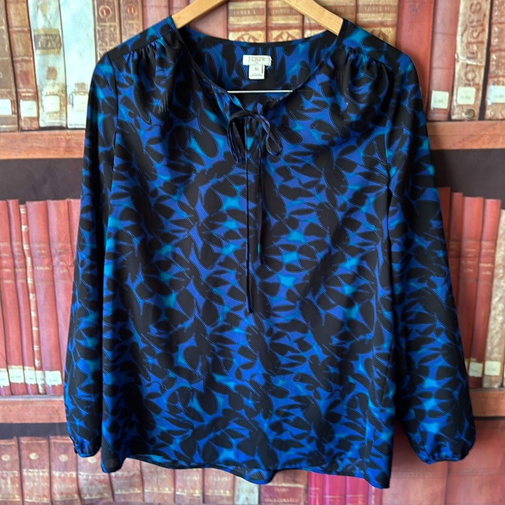 J. Crew XS Blue Black Floral Tie Neck Popover Blouse Long Sleeve Sheer